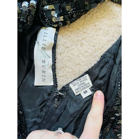 Lillie Rubin Vintage Art Deco Black Silk Beaded Sequined Cocktail Dress Short Sl - Picture 12 of 15